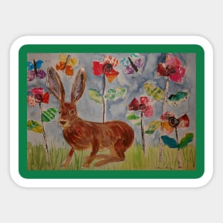 Cute Hare among Poppies, Collage Sticker